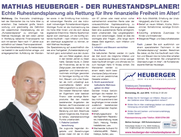 Mathias Heuberger - DER Ruhestandsplaner! WAZ 19.05.2010